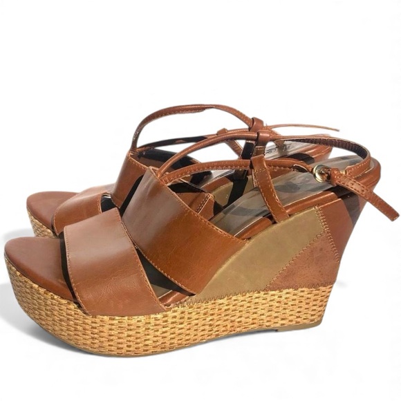 Shoes - Boho faux leather with faux rattan base wedges